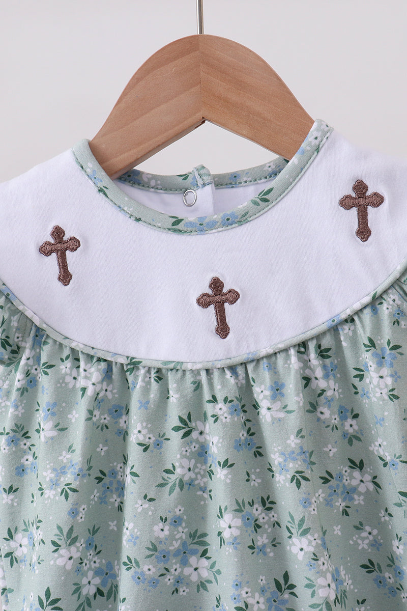 Sage Cross Embroidered Floral Ruffle Bubble