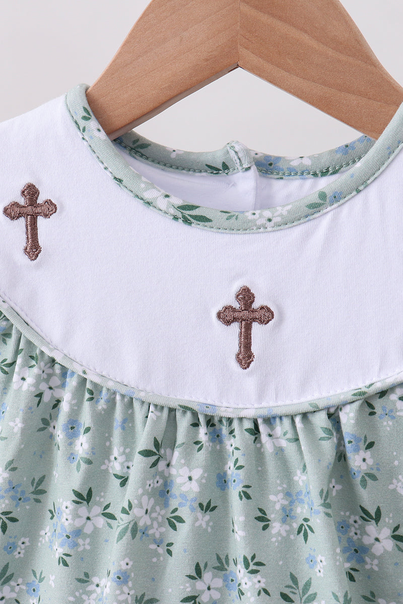 Sage Floral Cross Embroidered Ruffle Shorts Set