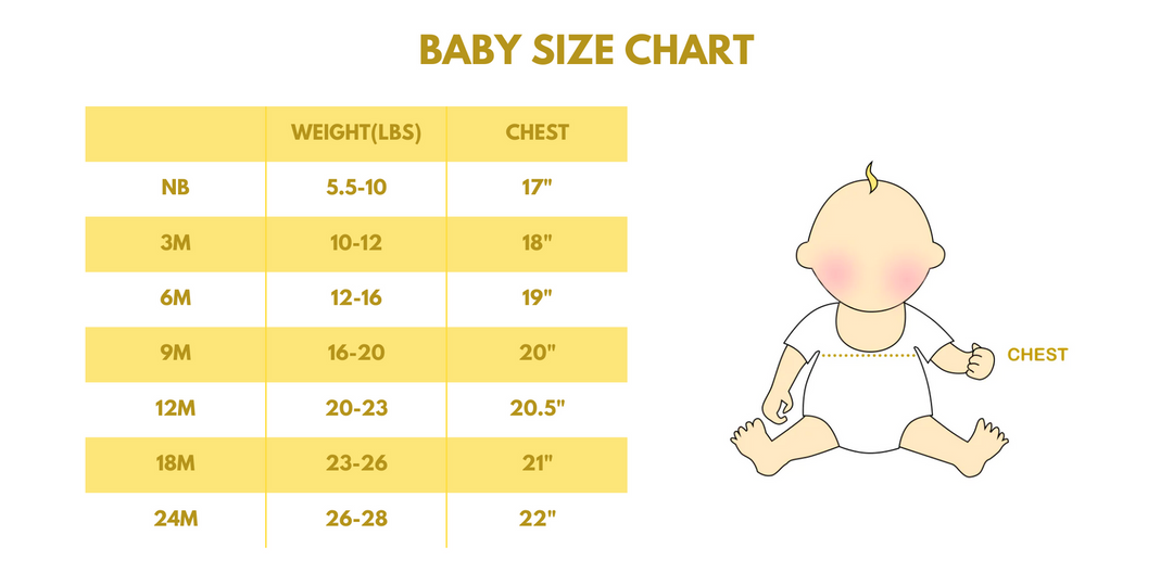 Baby size chart with weight and chest measurements in pounds and inches, featuring a baby illustration.