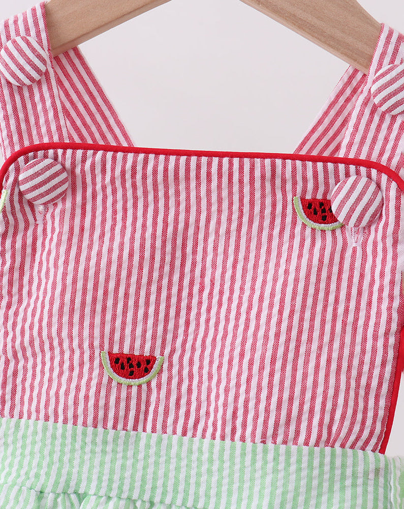 Red Stripe Watermelon Embroidered Seersucker Bubble