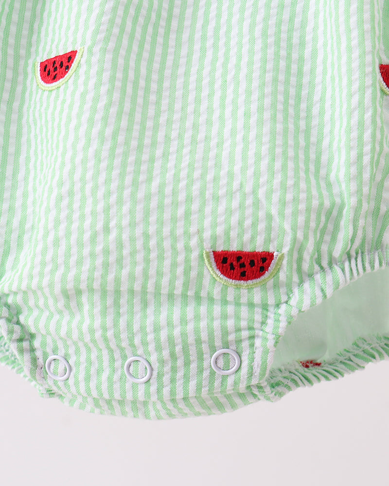 Red Stripe Watermelon Embroidered Seersucker Bubble