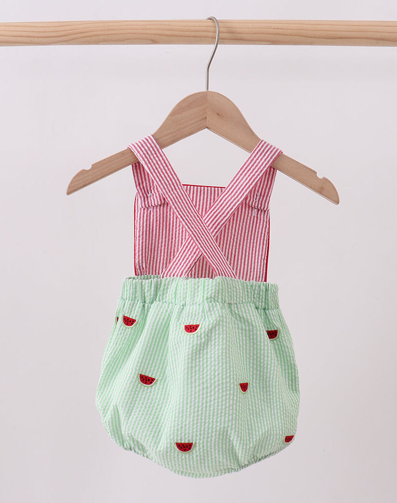Red Stripe Watermelon Embroidered Seersucker Bubble