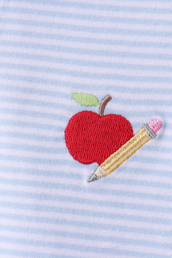 Blue striped polo shirt with red apple patch and small pencil embroidery