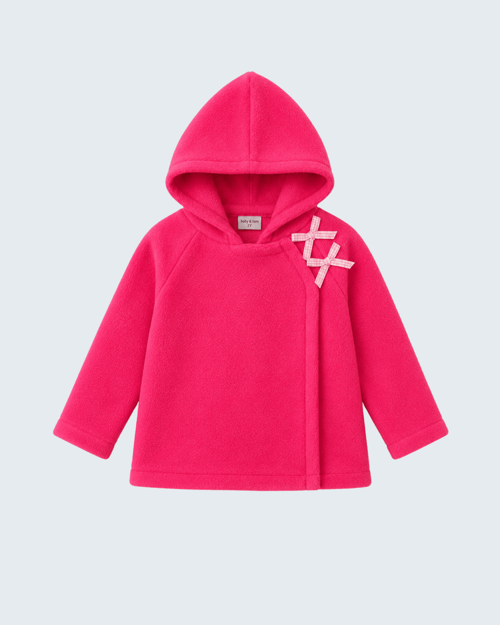 Magenta fleece bow coat with hood and front plaid bow straps