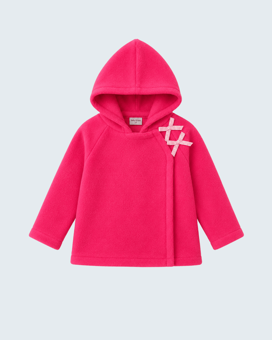 Magenta fleece bow coat with hood and front plaid bow straps