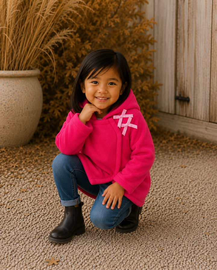 Magenta fleece bow coat with hood and plaid bow detail