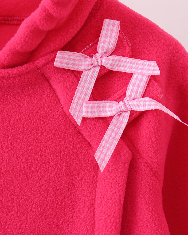 Magenta fleece bow coat with plaid ribbon bow and hood