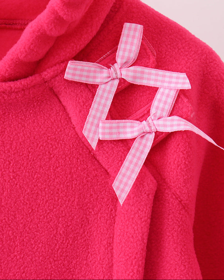 Magenta fleece bow coat with plaid ribbon bow and hood