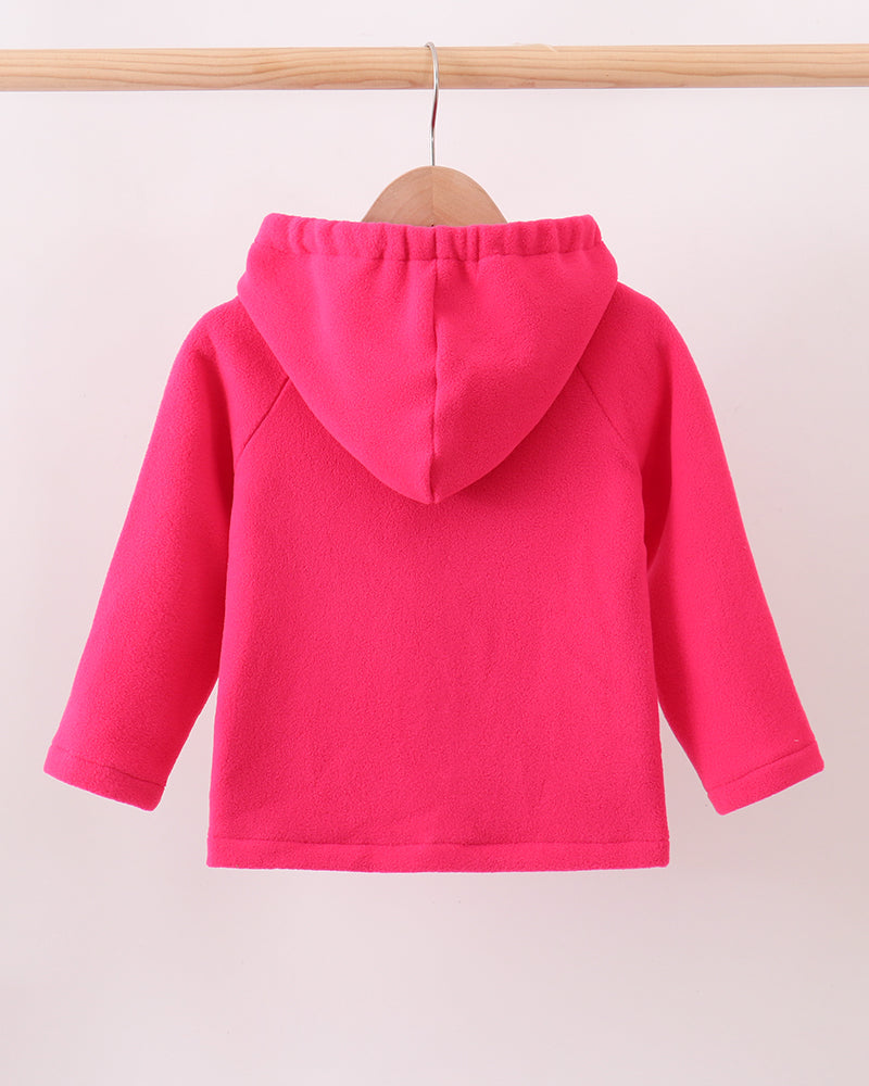 Magenta fleece bow coat with attached hood and full sleeves