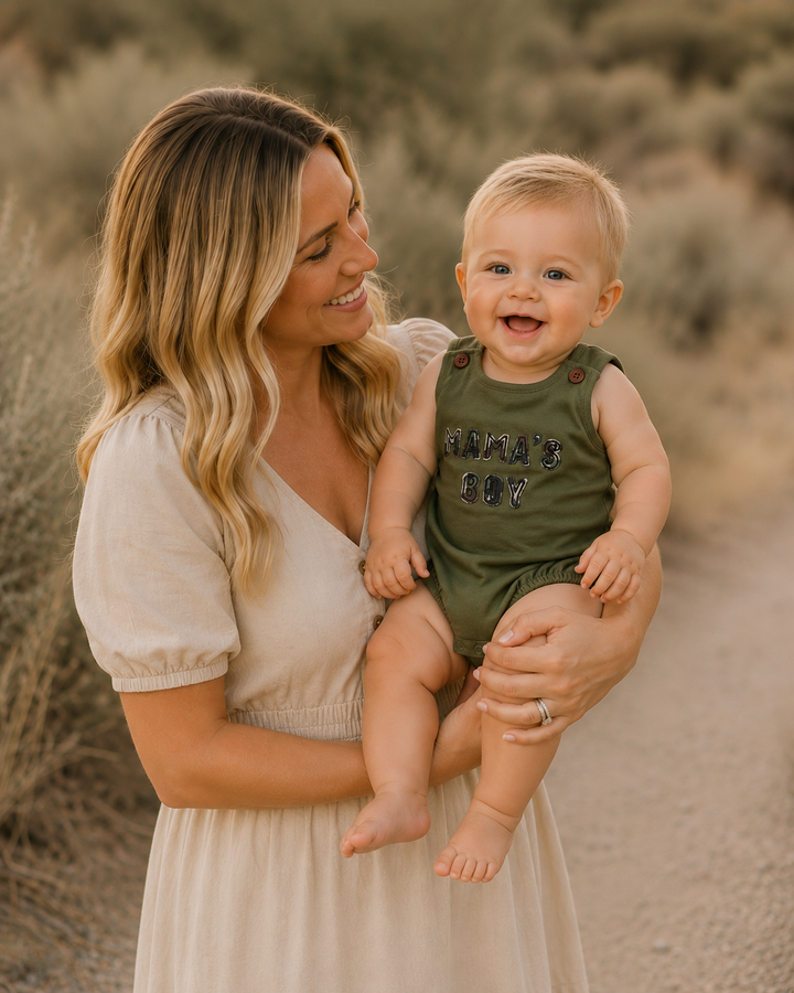 Woman holding a baby in a green outfit with &