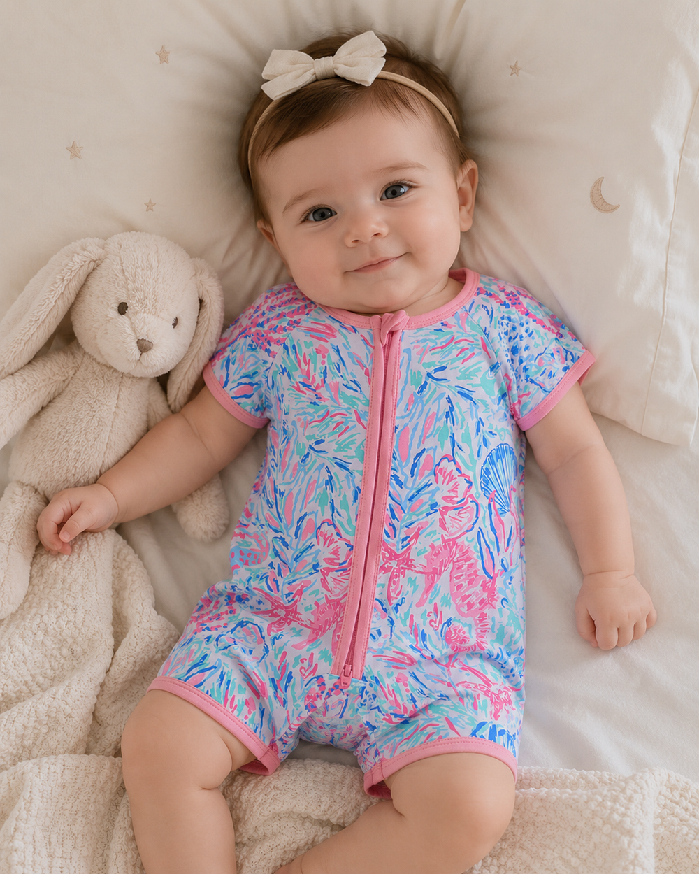 Baby girl in Marine Creature Bamboo Zipper Romper with toy rabbit
