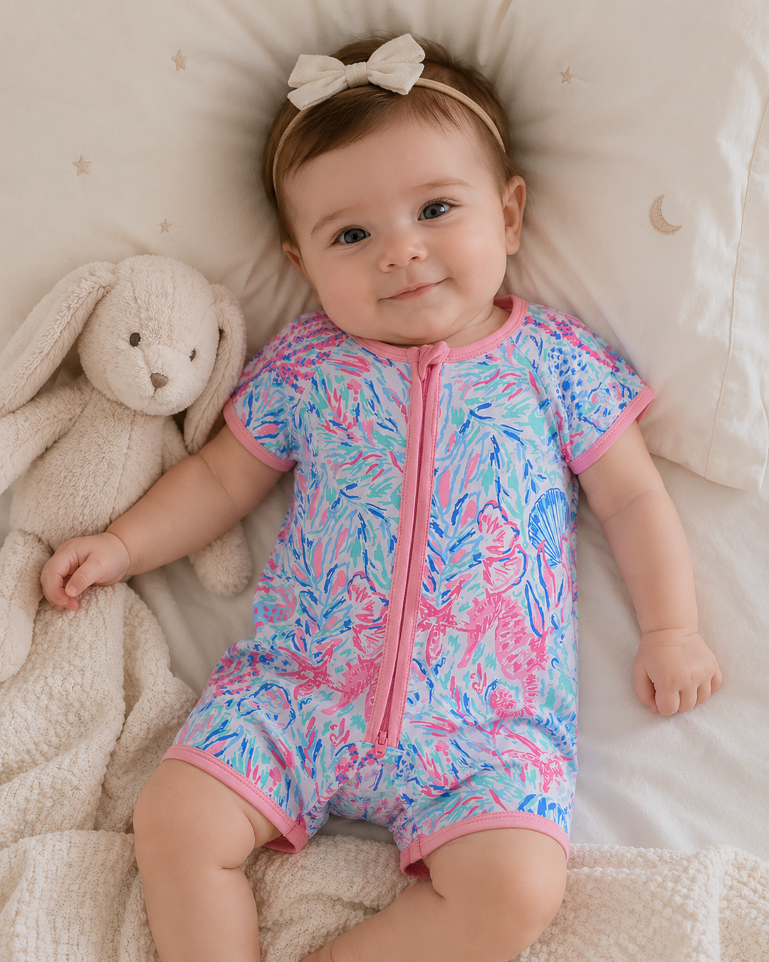 Baby girl in Marine Creature Bamboo Zipper Romper with toy rabbit