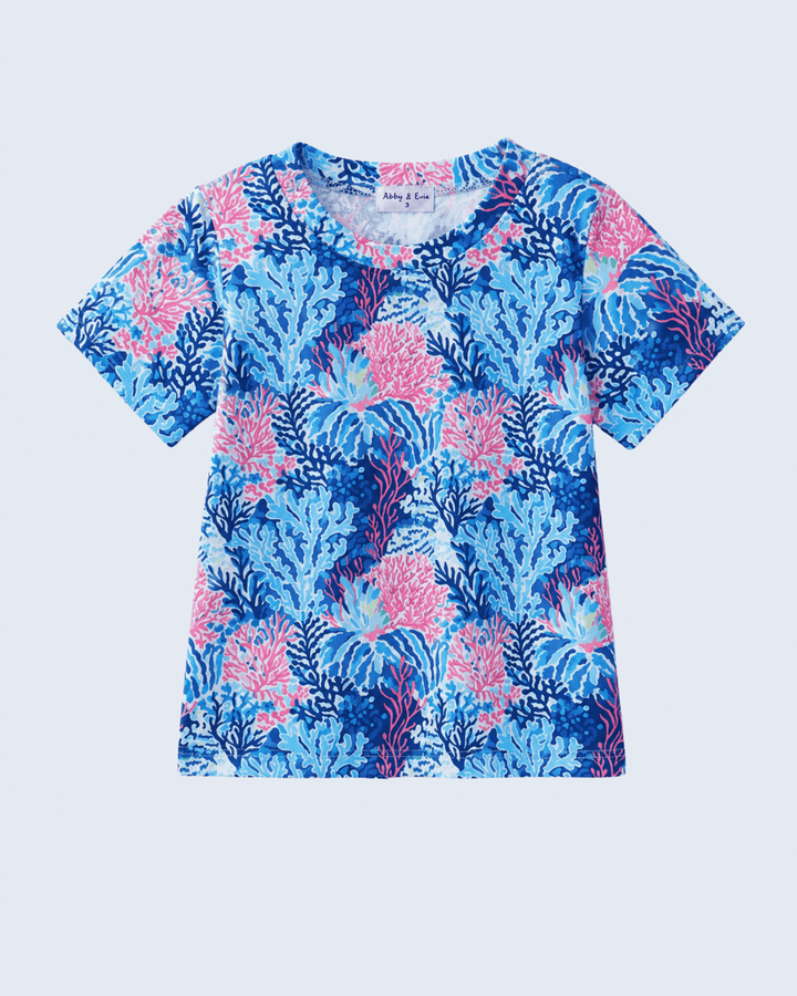 Short-sleeve marine creature print top, crew neck, multicolor blue and pink