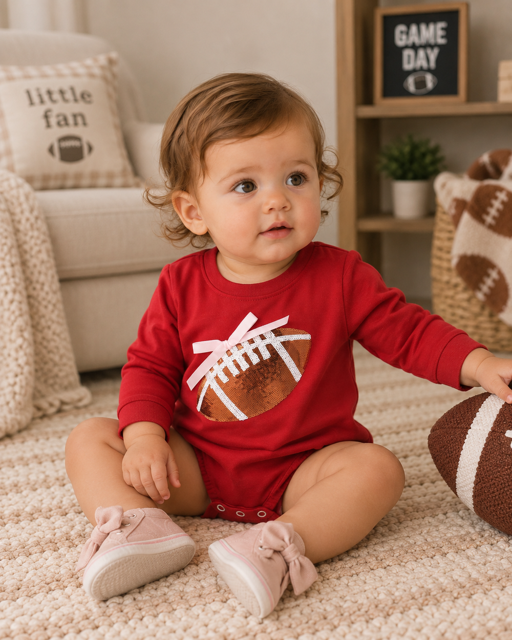 Maroon sequin football bow bubble romper, long sleeves, snaps at leg opening