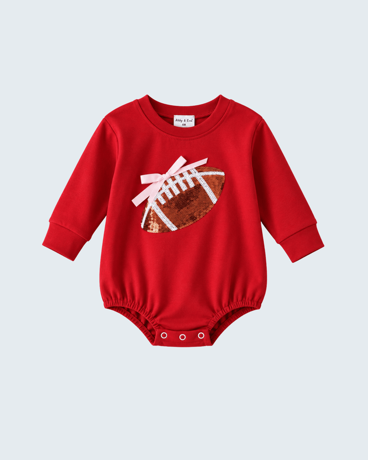 Maroon sequin football bow long-sleeve baby bodysuit with snap bottom