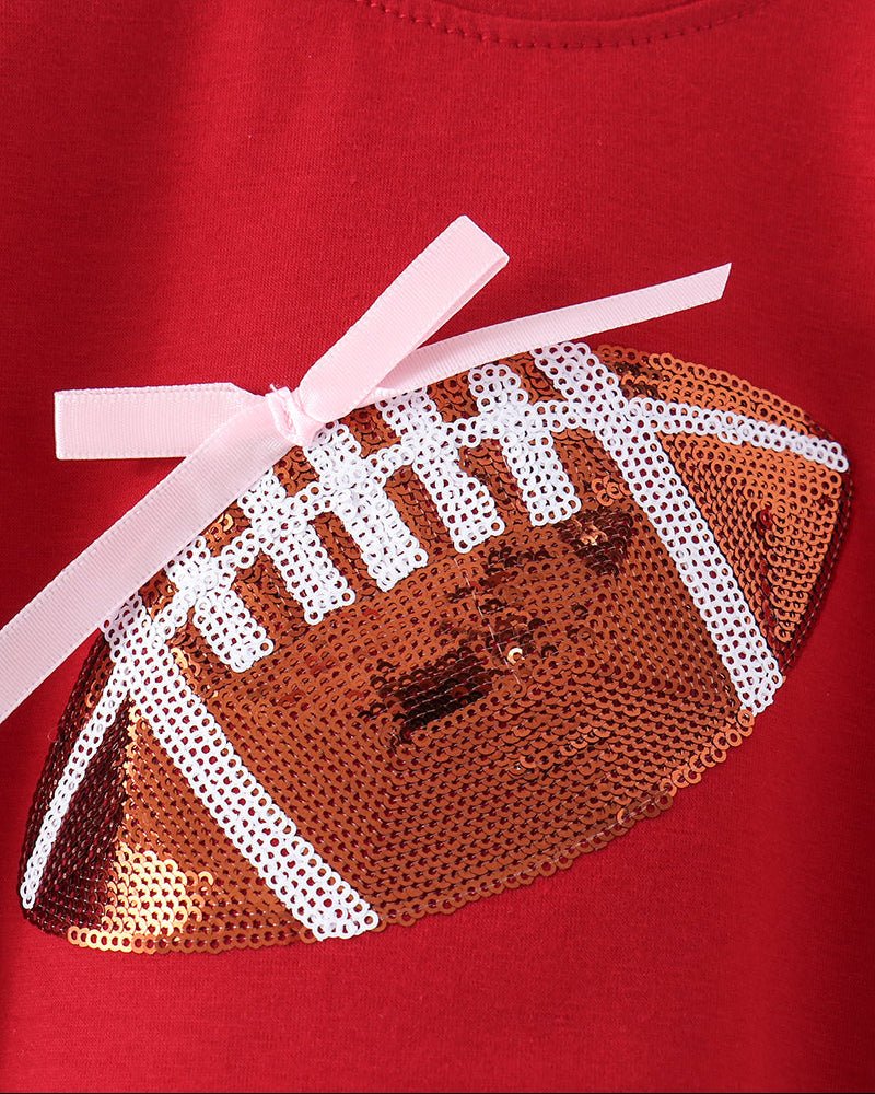 Red football sequin applique romper with white ribbon bow at chest