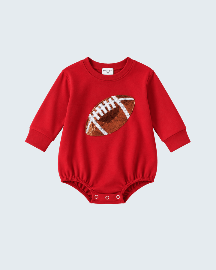 Red long-sleeve bubble romper with sequin football patch and snap button bottom