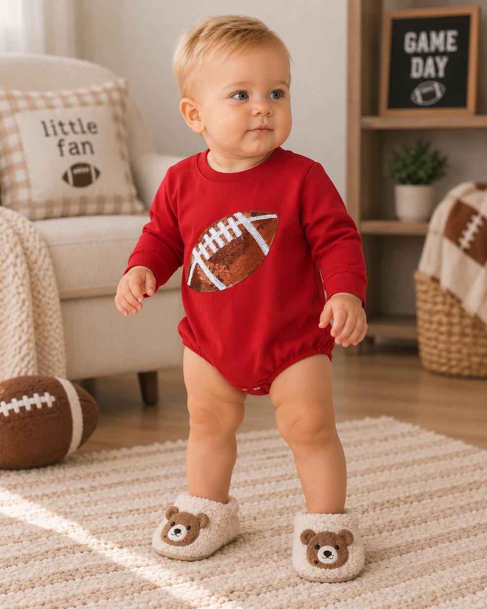 Red long-sleeve bubble romper with sequin football applique and snap button leg opening