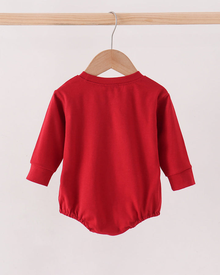 Red football bubble romper back view, long sleeves, gathered hem