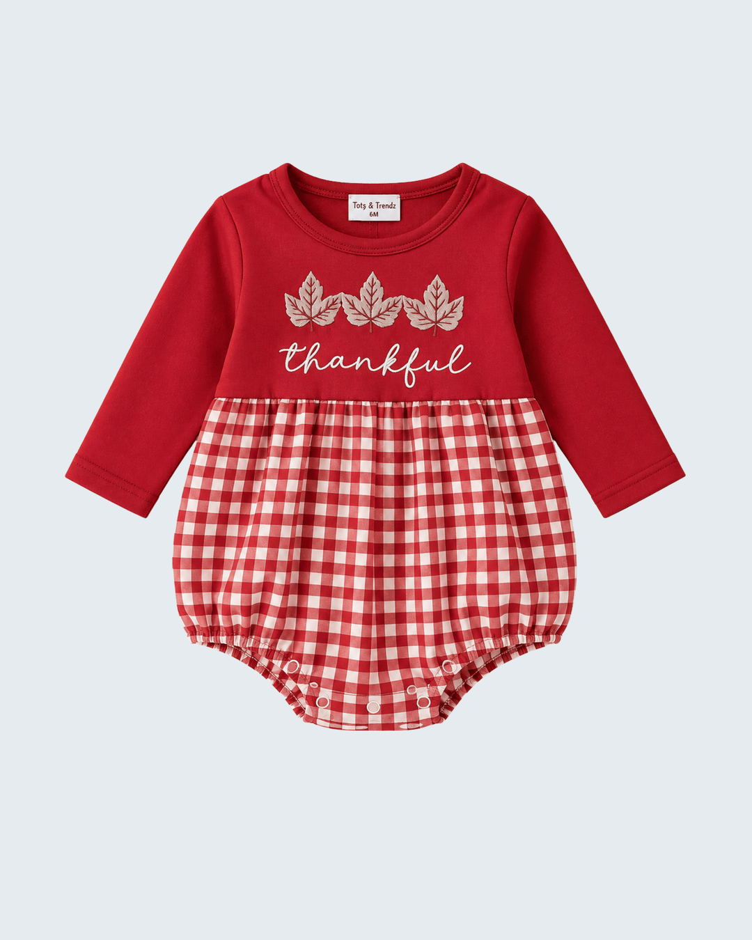 Thankful leaf embroidered red romper with red-and-white gingham bottom, long sleeves