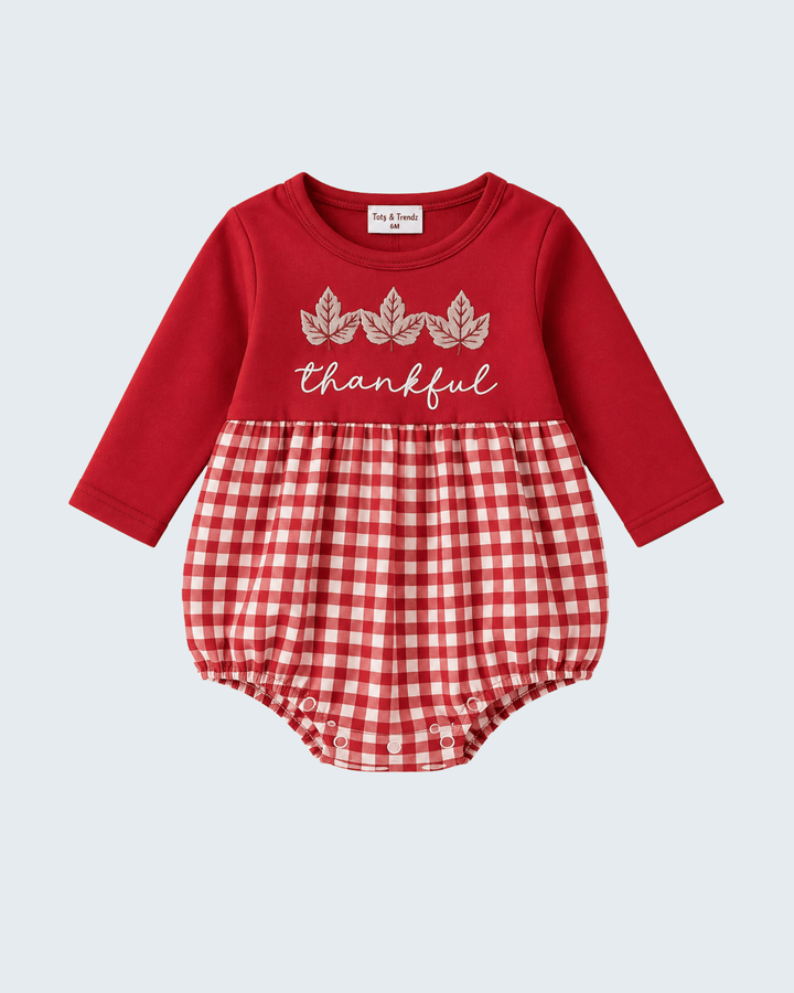 Thankful leaf embroidered red romper with red-and-white gingham bottom, long sleeves