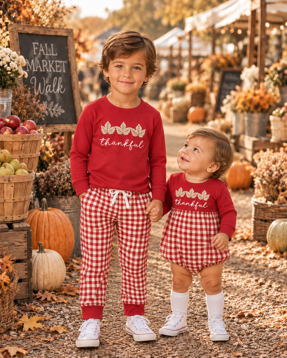 Kids wearing red 'thankful' leaf embroidered romper with red-and-white gingham bottom
