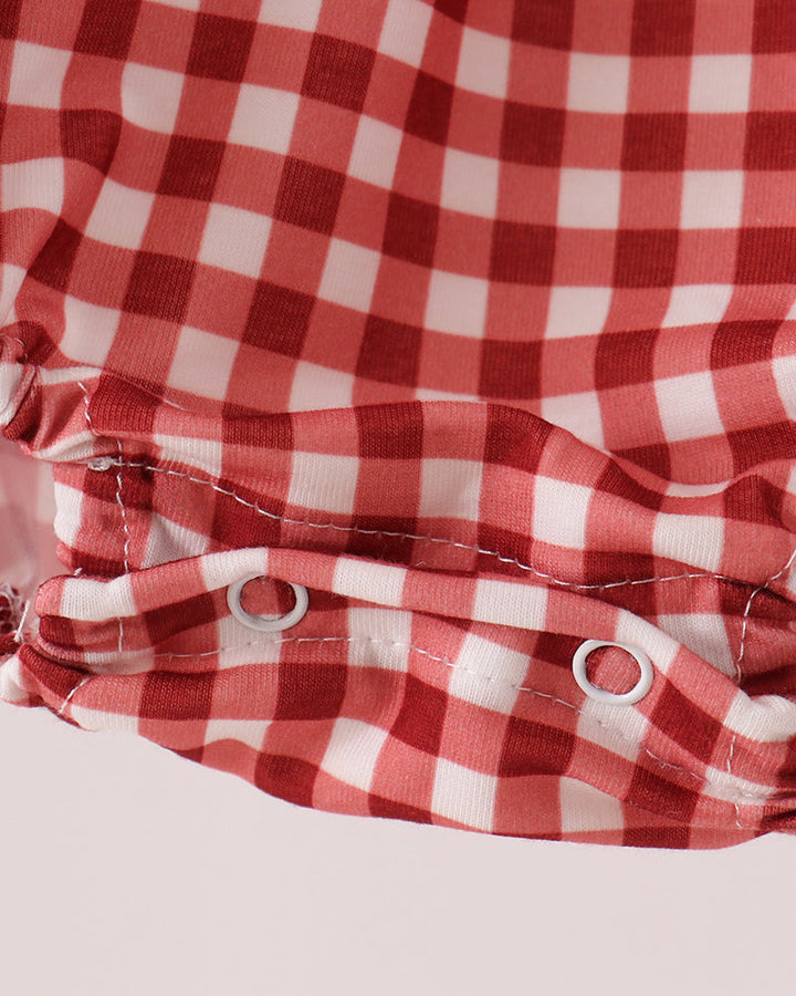 Red-and-white gingham bubble romper bottom with snap button placket and elastic waist