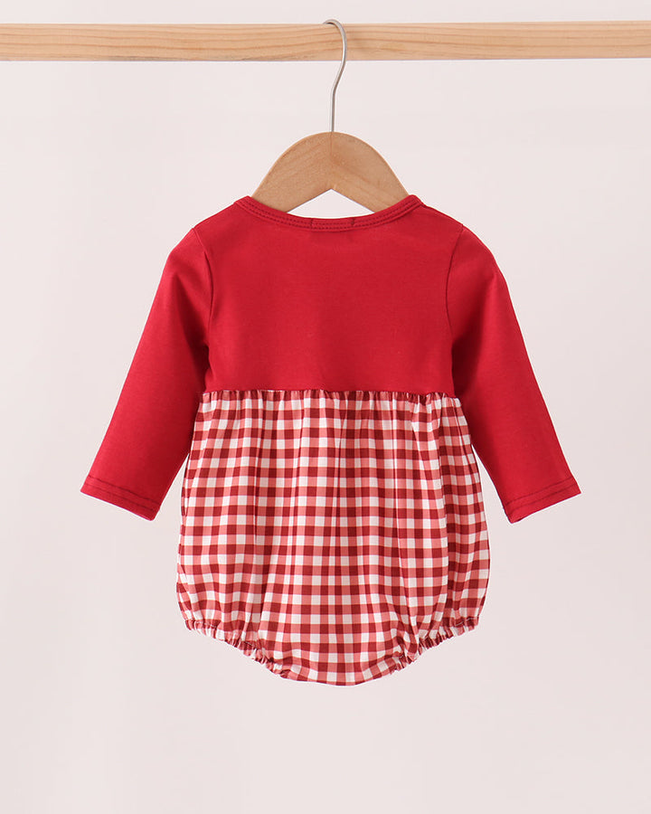 Long-sleeve red bubble romper with white leaf embroidery and red gingham lower