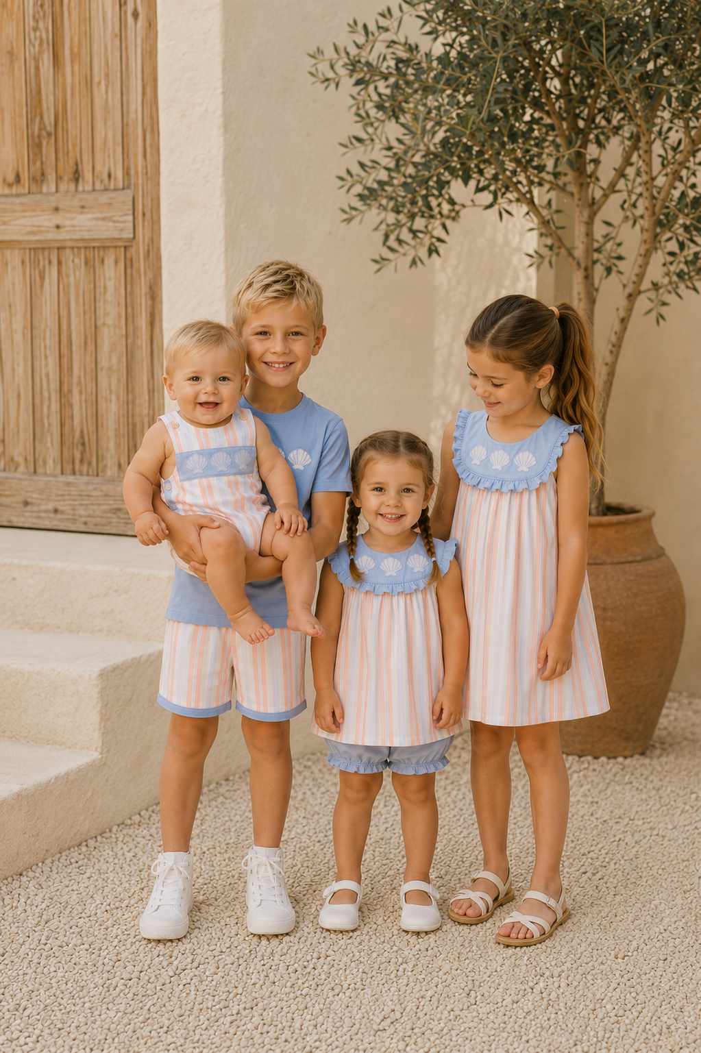 Four children in matching outfits. They are standing in front of a building.