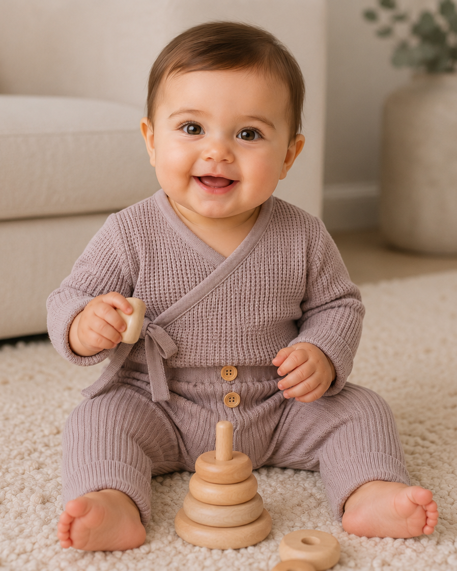 A smiling baby sits on a cream carpet in a bright room, wearing a matching waffle-knit two-piece outfit in dusty mauve-purple. The set includes a wrap-style long-sleeve top and ribbed pants with a tie waist and button closure.