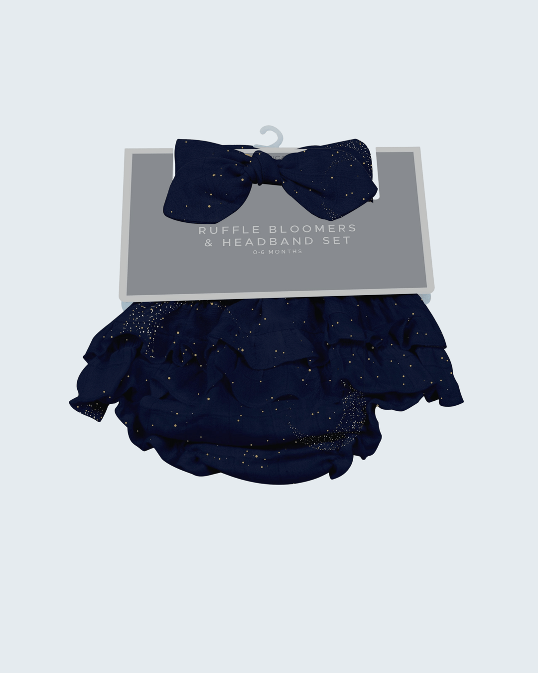 Navy ruffle bloomers &amp; knot headband set with moon and star print