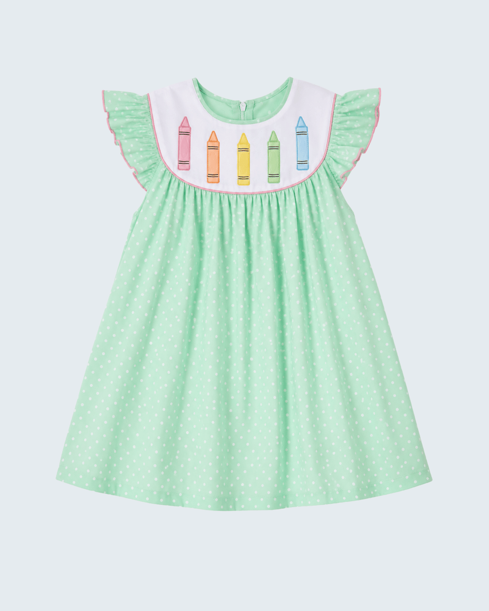 Mint Crayon Applique Dot Dress on light grey background