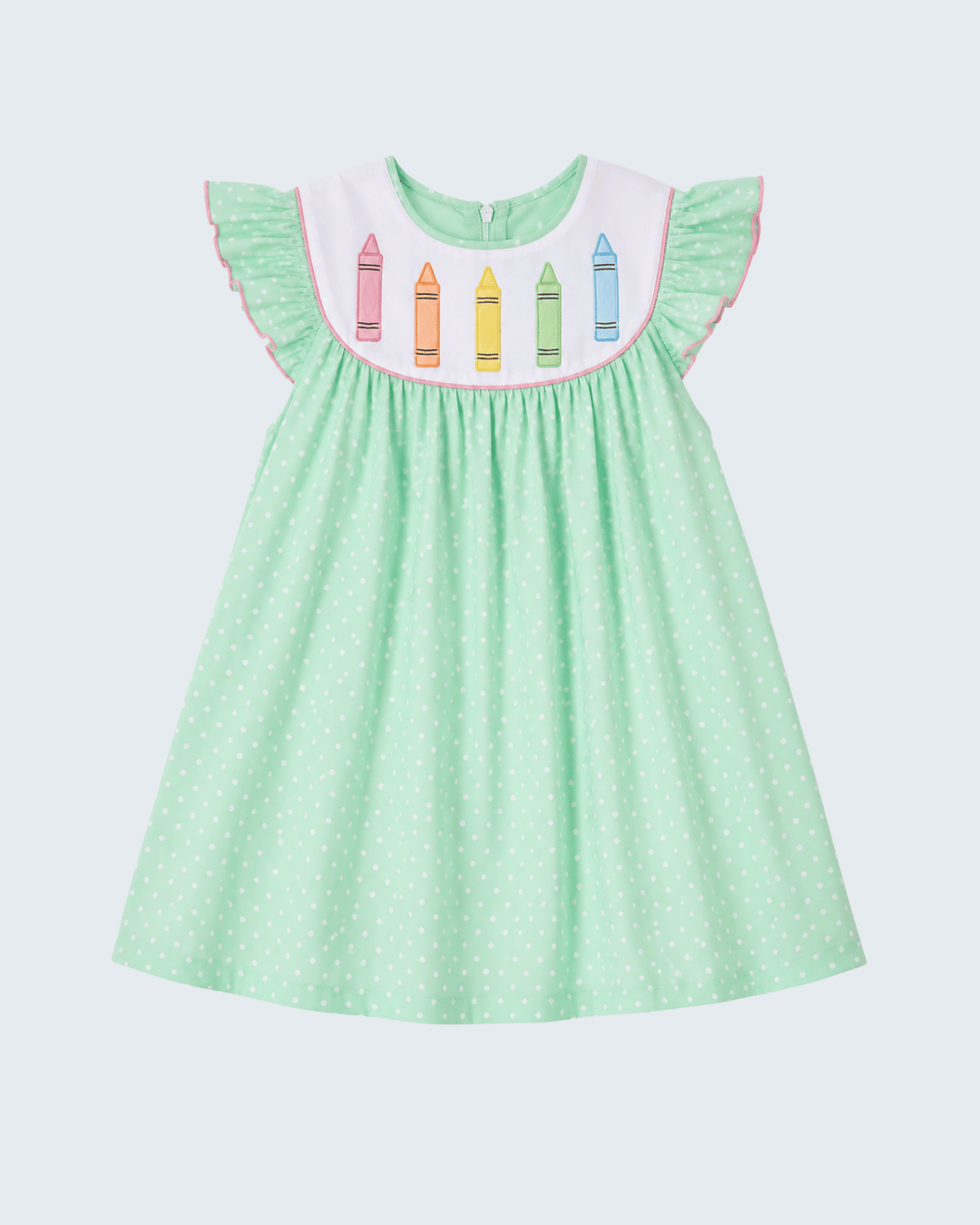Mint Crayon Applique Dot Dress on light grey background