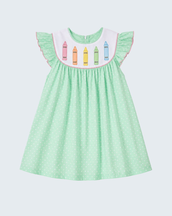 Mint Crayon Applique Dot Dress on light grey background
