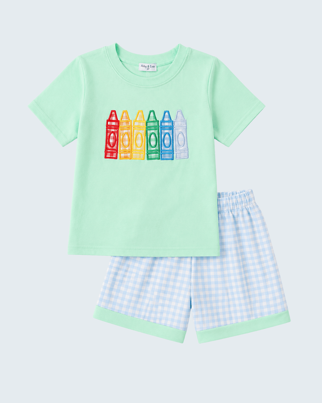 Mint Crayon Applique Gingham Shorts Set on light grey background