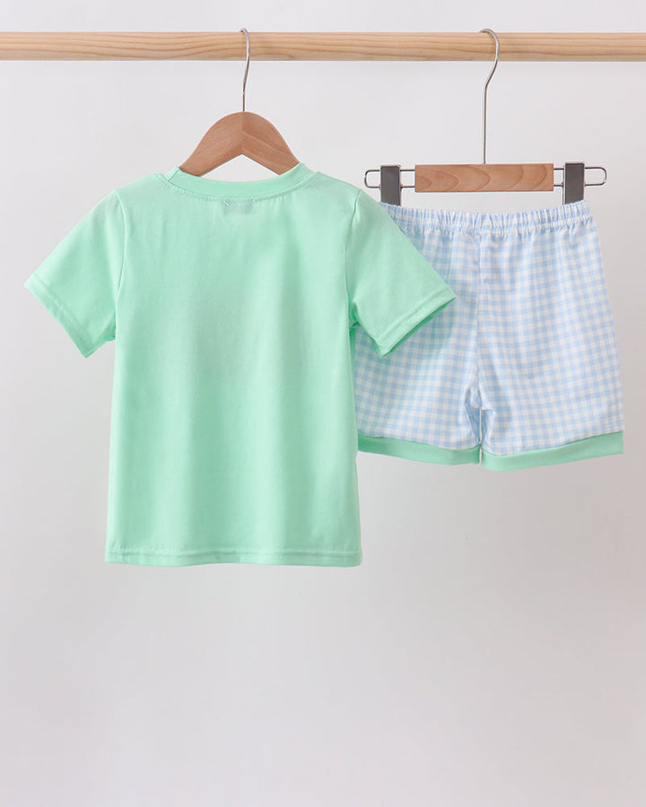 Mint Crayon Applique Gingham Shorts Set on wooden hanger