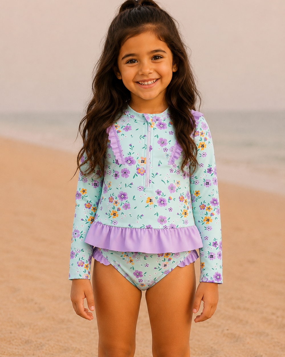 Young girl in a floral swimsuit on a beach