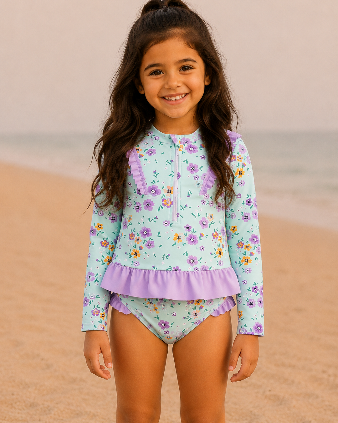 Young girl in a floral swimsuit on a beach