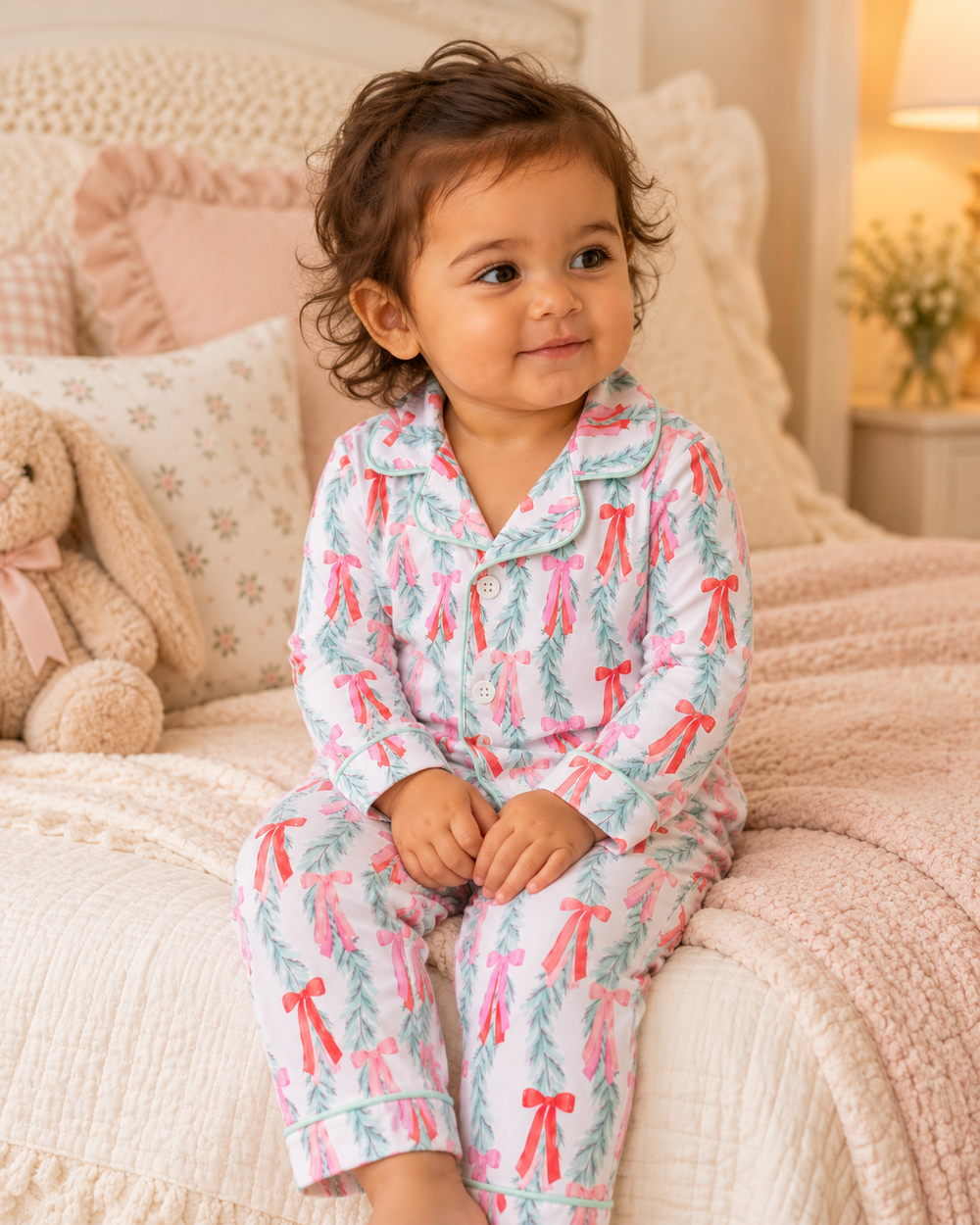 Toddler girl is wearing a Mint Green Christmas Bow Bamboo Button Pajama Set