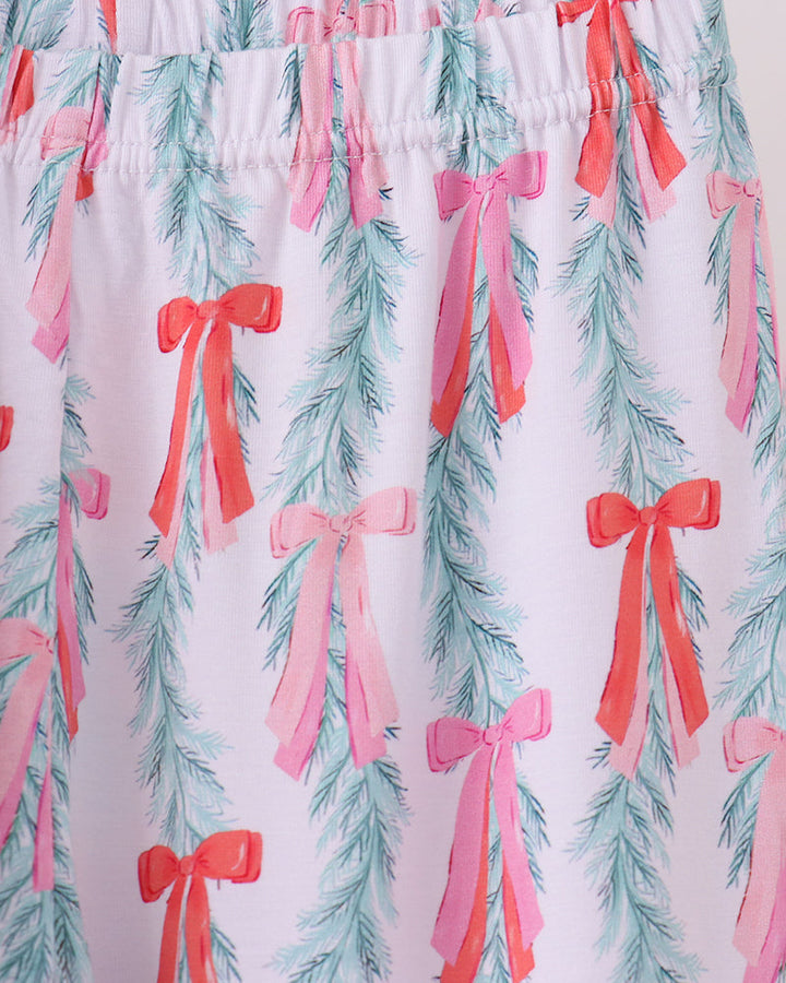 Light blue pajama shorts with pink ribbon and tree print