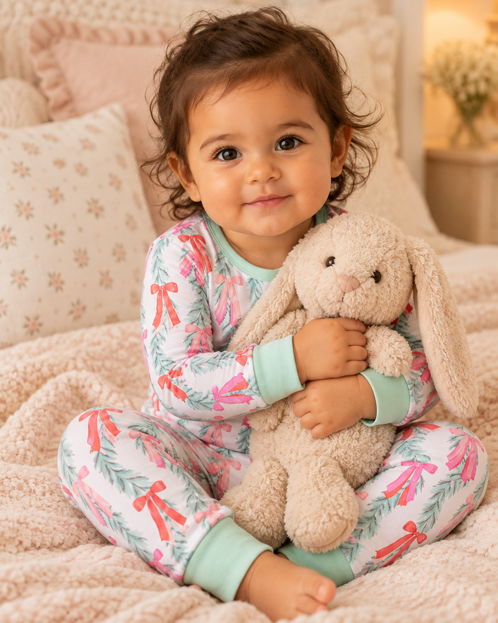 Toddler girls is wearing a Mint Green Christmas Bow Bamboo Pajama Set