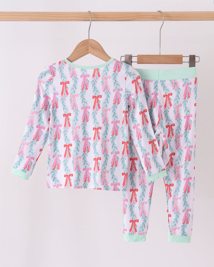 Bamboo pajama set with long-sleeve top and pants, light blue and pink ribbon tree print
