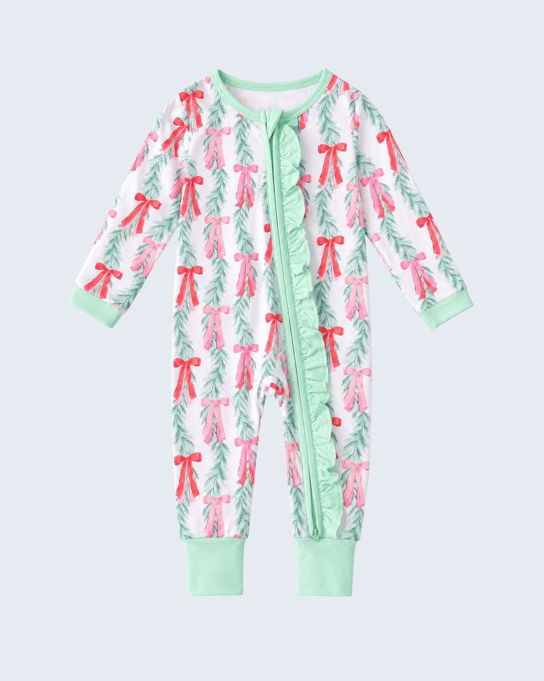 Mint Green Christmas Bow Bamboo Ruffle Zipper Romper