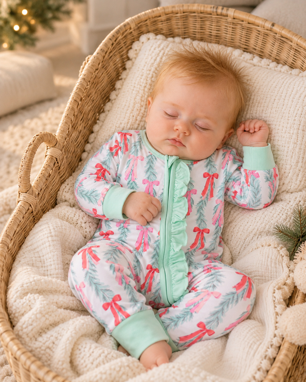 A sleeping baby wearing a white onesie with a mint green ruffled zipper and cuffs, decorated with pink bows and green pine branches, resting inside a woven wicker bassinet on a cream knit blanket.