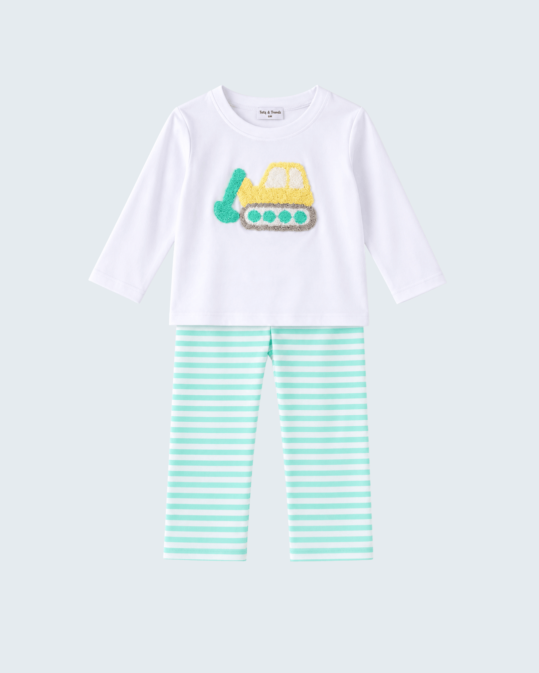 Kids two-piece set: mint striped pants and white long-sleeve top with excavator applique