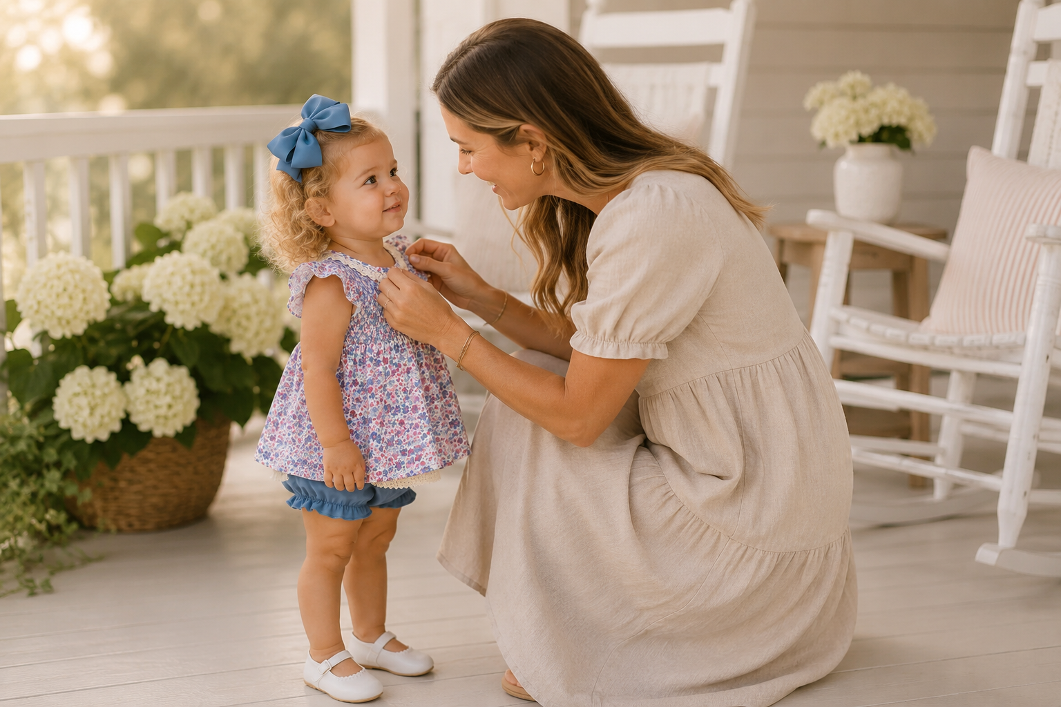 A woman in a beige dress kneels on a porch while adjusting a floral dress on a young child wearing a blue bow, with white rocking chairs and flowers in the background.