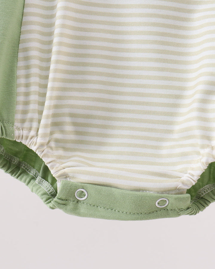Striped baby bubble romper with green buttoned crotch and ruffled leg cuffs