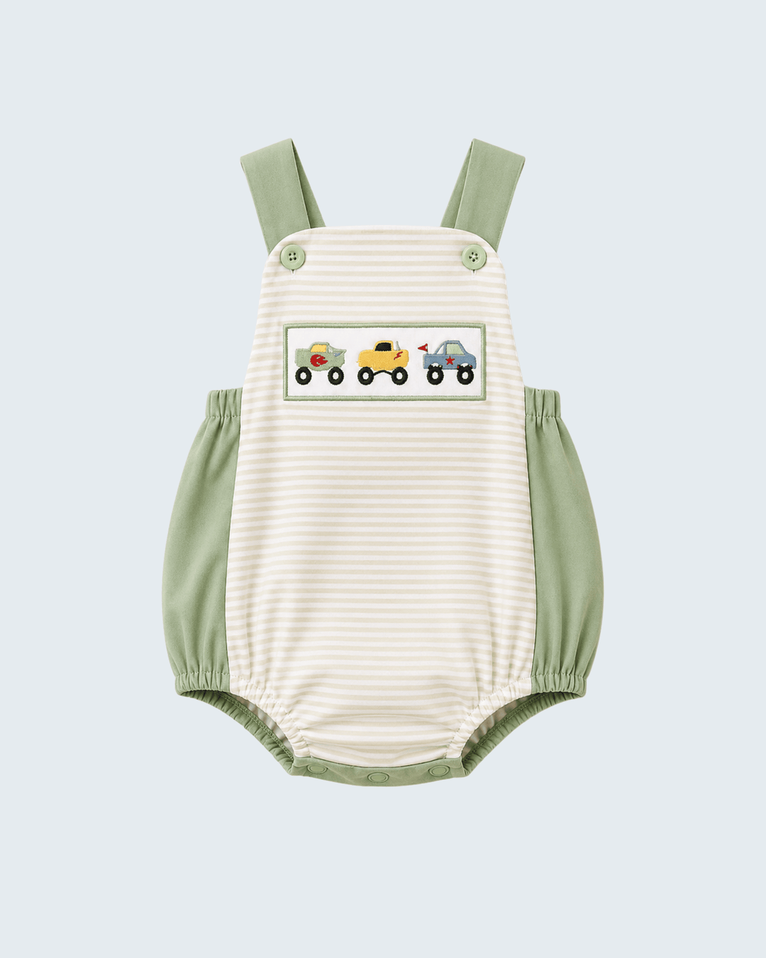 Stripe baby bubble romper with green suspenders and embroidered monster truck graphic