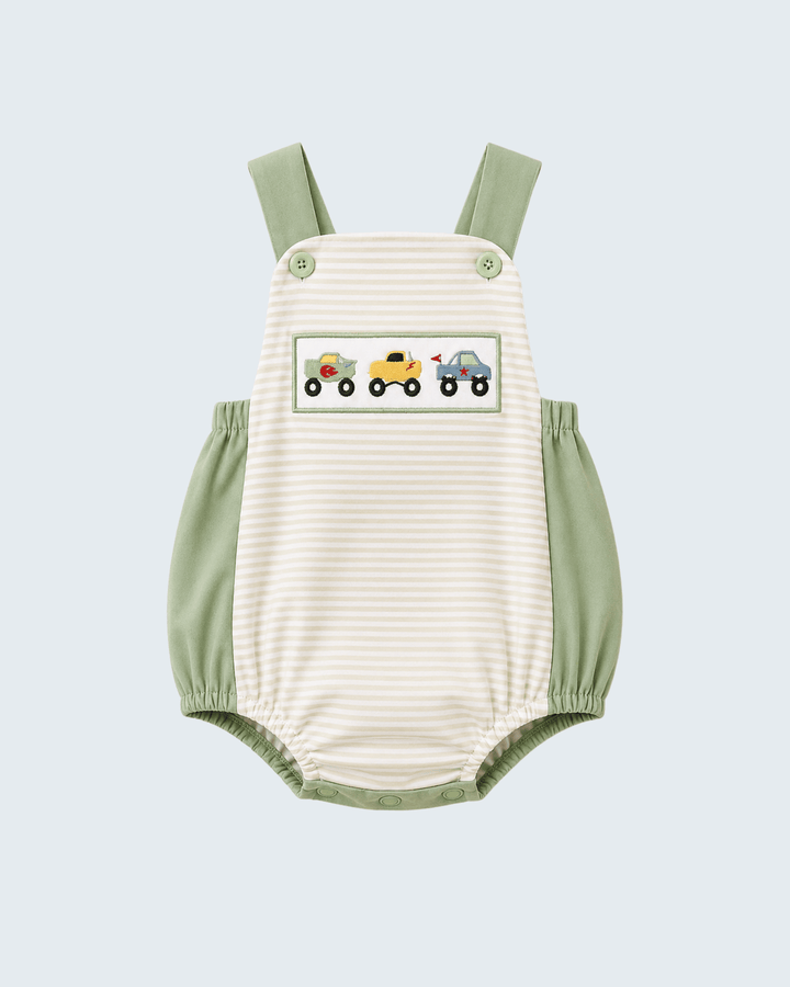 Stripe baby bubble romper with green suspenders and embroidered monster truck graphic