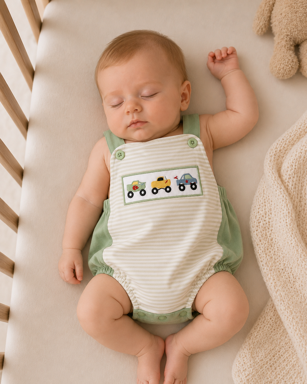 Kids striped bubble romper with green straps and embroidered monster truck patch